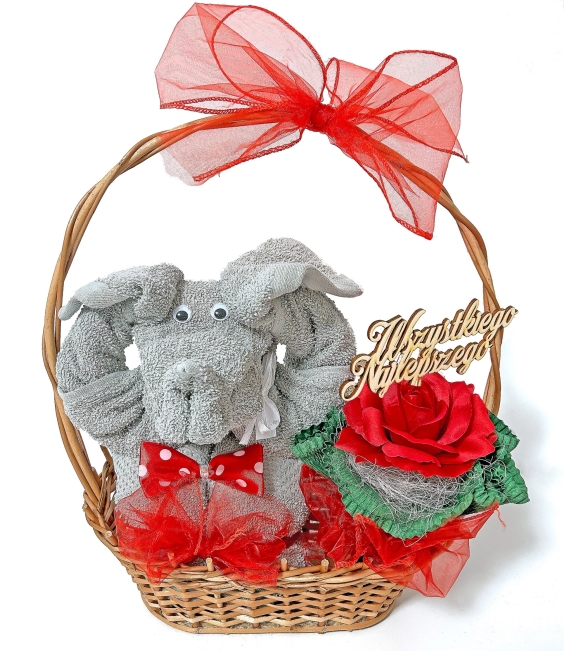 Zestaw prezentowy Słoń z dwóch ręczników z różą - RED