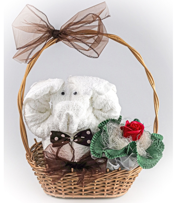 Zestaw Podarunkowy Słoń z dwóch ręczników z mydlaną różą - BROWN