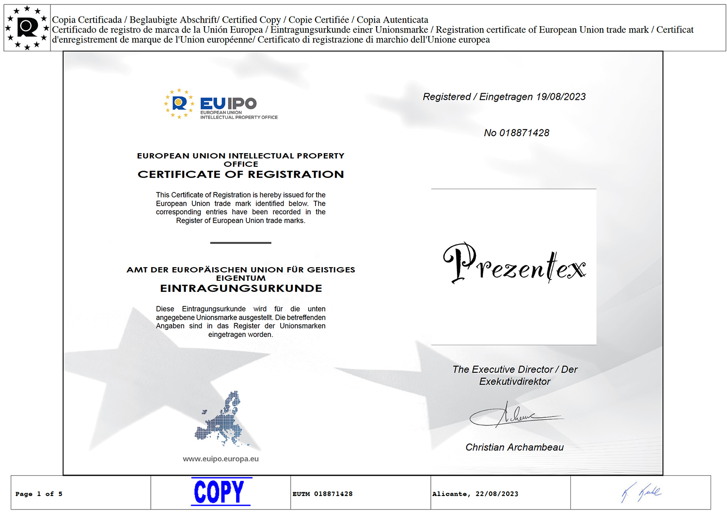Certyfikat EUIPO Prezentex